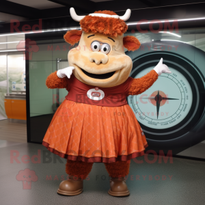 Rust Beef Wellington mascot costume character dressed with a Circle Skirt and Digital watches