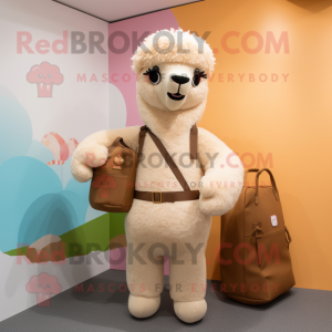Tan Alpaca mascot costume character dressed with a Capri Pants and Messenger bags