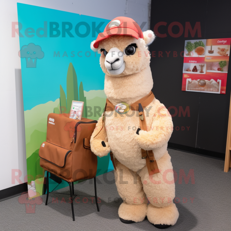 Tan Alpaca mascot costume character dressed with a Capri Pants and Messenger bags Tan Alpaca mascot costume character dressed with a Capri Pants and Messenger bags