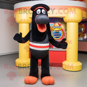 Black Hot Dog mascot costume character dressed with a Chinos and Rings