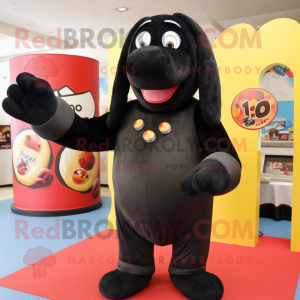 Black Hot Dog mascot costume character dressed with a Chinos and Rings