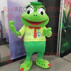 Green Frog mascot costume character dressed with a Culottes and Bracelet watches