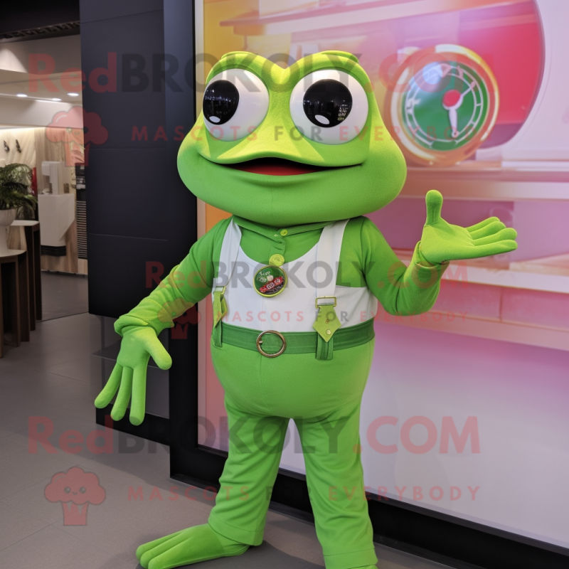 Green Frog mascot costume character dressed with a Culottes and Bracelet watches