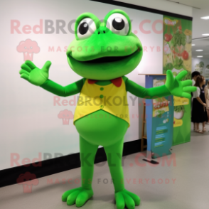 Green Frog mascot costume character dressed with a Culottes and Bracelet watches