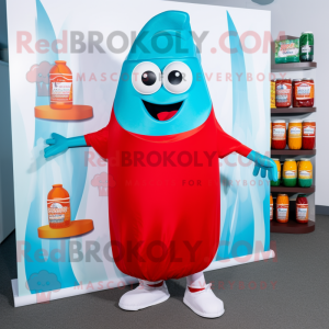 Cyan Bottle Of Ketchup mascot costume character dressed with a Board Shorts and Shawls