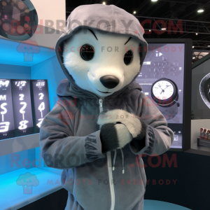 Gray Ferret mascot costume character dressed with a Hoodie and Digital watches