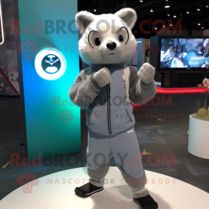 Gray Ferret mascot costume character dressed with a Hoodie and Digital watches