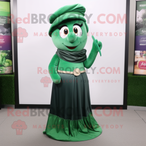 Forest Green Hourglass mascot costume character dressed with a Maxi Skirt and Scarves