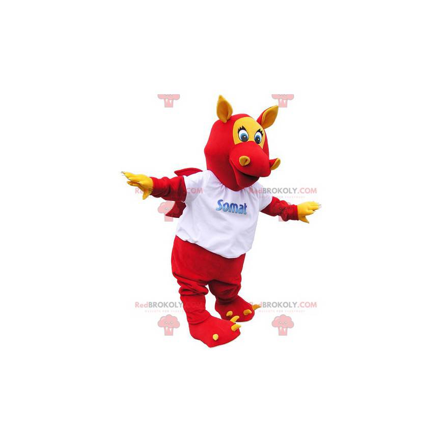 Mascote dragão de asas vermelhas com orelhas e garras -
