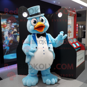 Sky Blue Chicken mascot costume character dressed with a Tuxedo and Coin purses