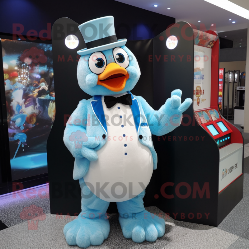 Sky Blue Chicken mascot costume character dressed with a Tuxedo and Coin purses