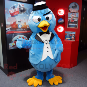 Sky Blue Chicken mascot costume character dressed with a Tuxedo and Coin purses