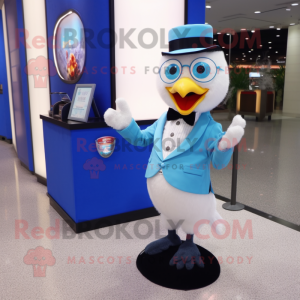 Sky Blue Chicken mascot costume character dressed with a Tuxedo and Coin purses