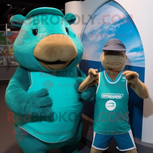 Teal Capybara mascot costume character dressed with a Tank Top and Watches