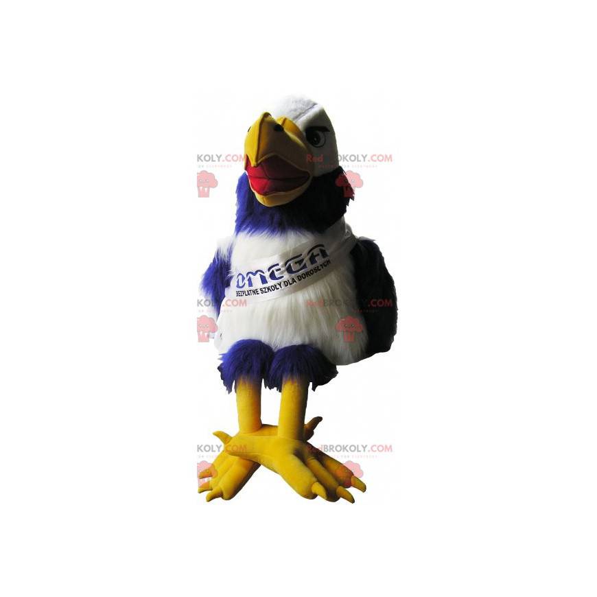 Blue and white vulture mascot with huge yellow legs -