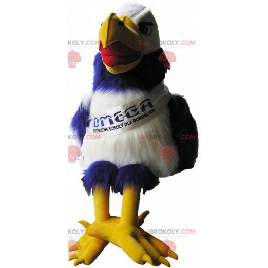 Mascotte de vautour bleu et blanc avec d'énormes pattes jaunes