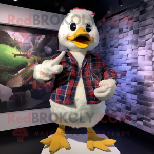 White Muscovy Duck mascot costume character dressed with a Flannel Shirt and Brooches