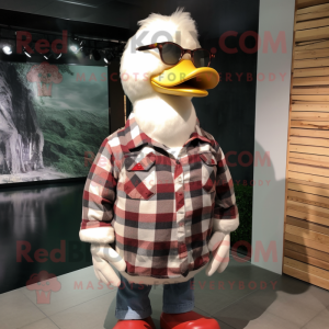 White Muscovy Duck mascot costume character dressed with a Flannel Shirt and Brooches
