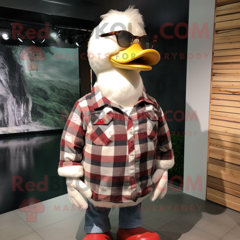 White Muscovy Duck mascot costume character dressed with a Flannel Shirt and Brooches White Muscovy Duck mascot costume character dressed with a Flannel Shirt and Brooches