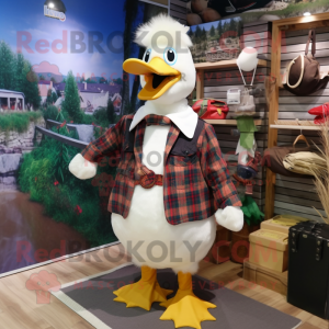 White Muscovy Duck mascot costume character dressed with a Flannel Shirt and Brooches