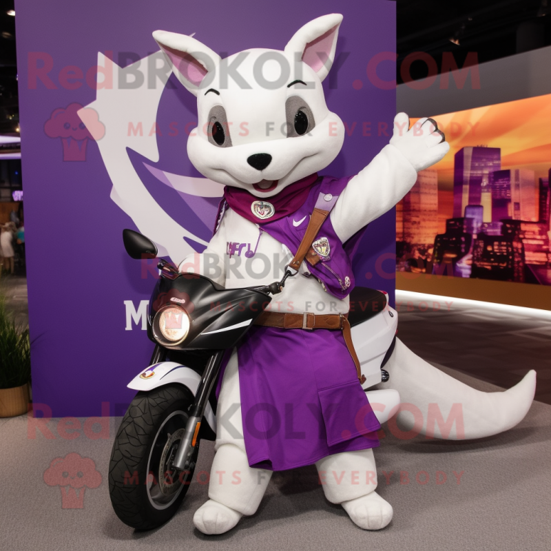 Purple Ermine mascot costume character dressed with a Moto Jacket and Shawls