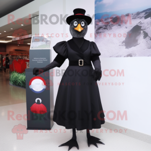 Black Geese mascot costume character dressed with a Empire Waist Dress and Eyeglasses