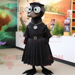 Black Geese mascot costume character dressed with a Empire Waist Dress and Eyeglasses
