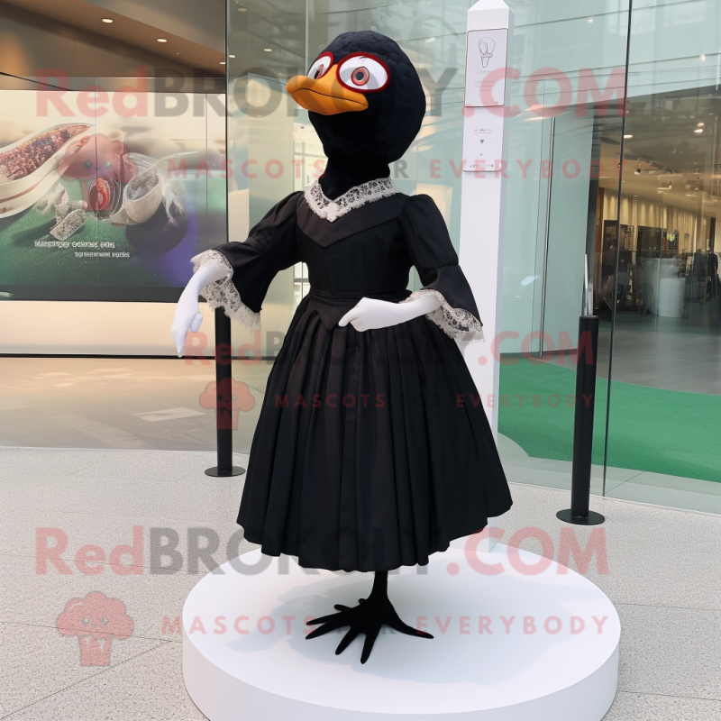 Black Geese mascot costume character dressed with a Empire Waist Dress and Eyeglasses