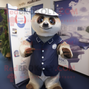 Navy Sloth mascot costume character dressed with a Sheath Dress and Wraps