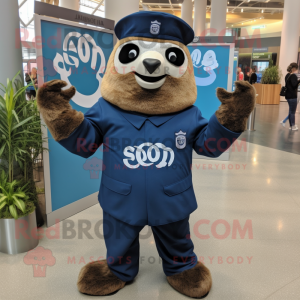 Navy Sloth mascot costume character dressed with a Sheath Dress and Wraps