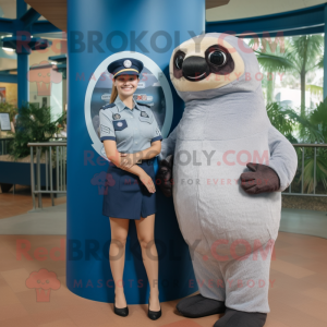 Navy Sloth mascot costume character dressed with a Sheath Dress and Wraps