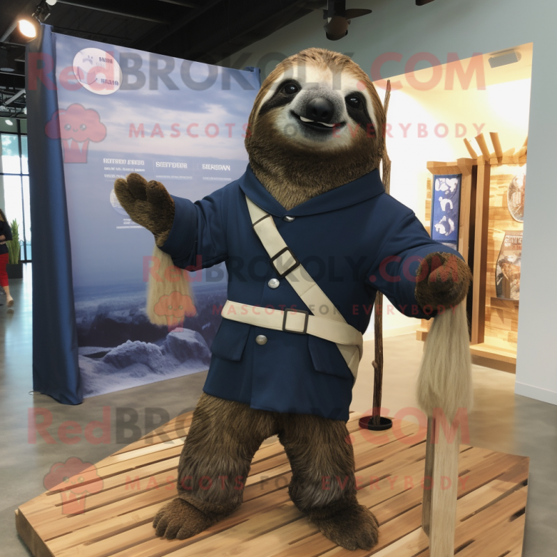 Navy Sloth mascot costume character dressed with a Sheath Dress and Wraps Navy Sloth mascot costume character dressed with a Sheath Dress and Wraps