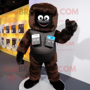 Black Chocolate Bars mascot costume character dressed with a Rash Guard and Wallets