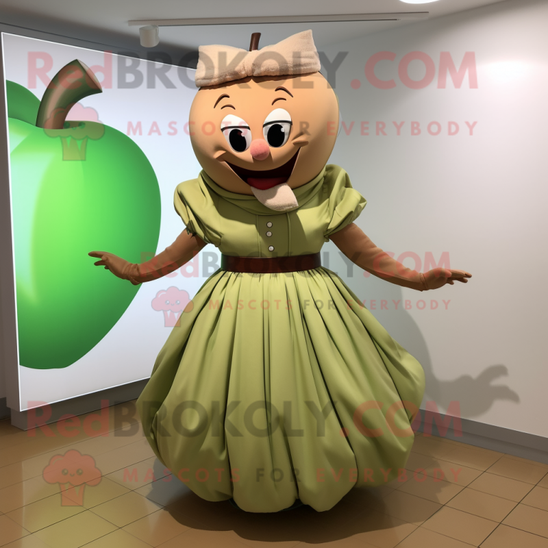 Tan Apple mascot costume character dressed with a Maxi Skirt and Belts