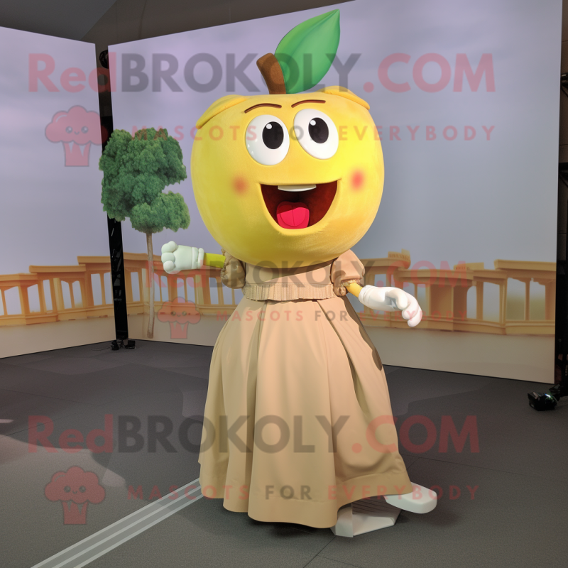 Tan Apple mascot costume character dressed with a Maxi Skirt and Belts