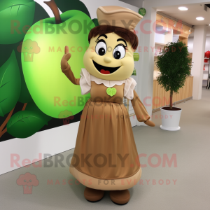 Tan Apple mascot costume character dressed with a Maxi Skirt and Belts