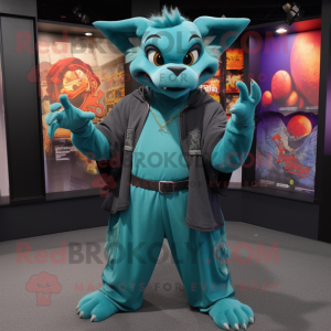 Teal Gargoyle mascot costume character dressed with a Jumpsuit and Bracelets