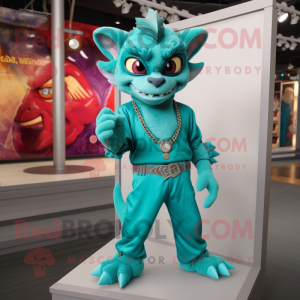 Teal Gargoyle mascot costume character dressed with a Jumpsuit and Bracelets