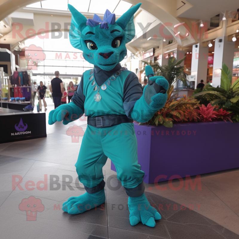 Teal Gargoyle mascot costume character dressed with a Jumpsuit and Bracelets Teal Gargoyle mascot costume character dressed with a Jumpsuit and Bracelets