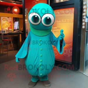 Teal Shakshuka mascot costume character dressed with a Jumpsuit and Eyeglasses