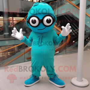 Teal Shakshuka mascot costume character dressed with a Jumpsuit and Eyeglasses