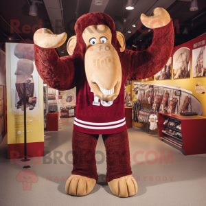 Maroon Mammoth mascot costume character dressed with a One-Piece Swimsuit and Mittens