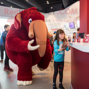 Maroon Mammoth mascot costume character dressed with a One-Piece Swimsuit and Mittens