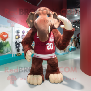 Maroon Mammoth mascot costume character dressed with a One-Piece Swimsuit and Mittens