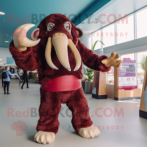 Maroon Mammoth mascot costume character dressed with a One-Piece Swimsuit and Mittens