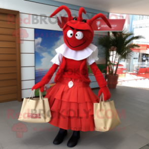 nan Lobster mascot costume character dressed with a Pleated Skirt and Tote bags