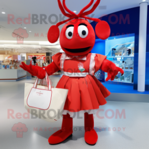 nan Lobster mascot costume character dressed with a Pleated Skirt and Tote bags