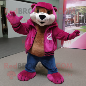 Magenta Beaver mascot costume character dressed with a Bootcut Jeans and Foot pads