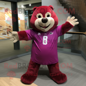 Magenta Beaver mascot costume character dressed with a Bootcut Jeans and Foot pads