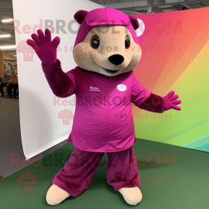 Magenta Beaver mascot costume character dressed with a Bootcut Jeans and Foot pads